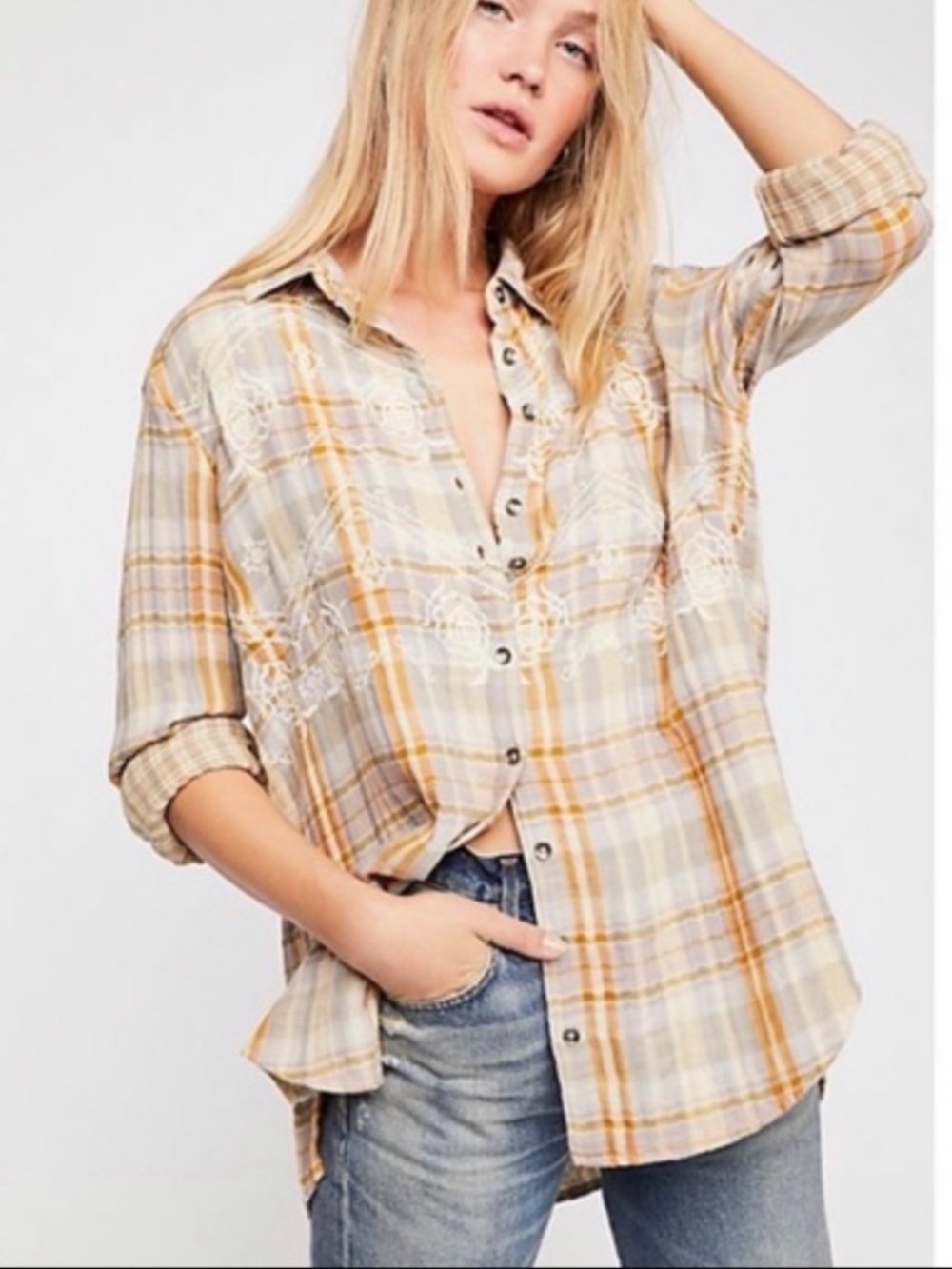 Free People | Magical Plaid Button-Front Top with Lace Embroidery Sz S